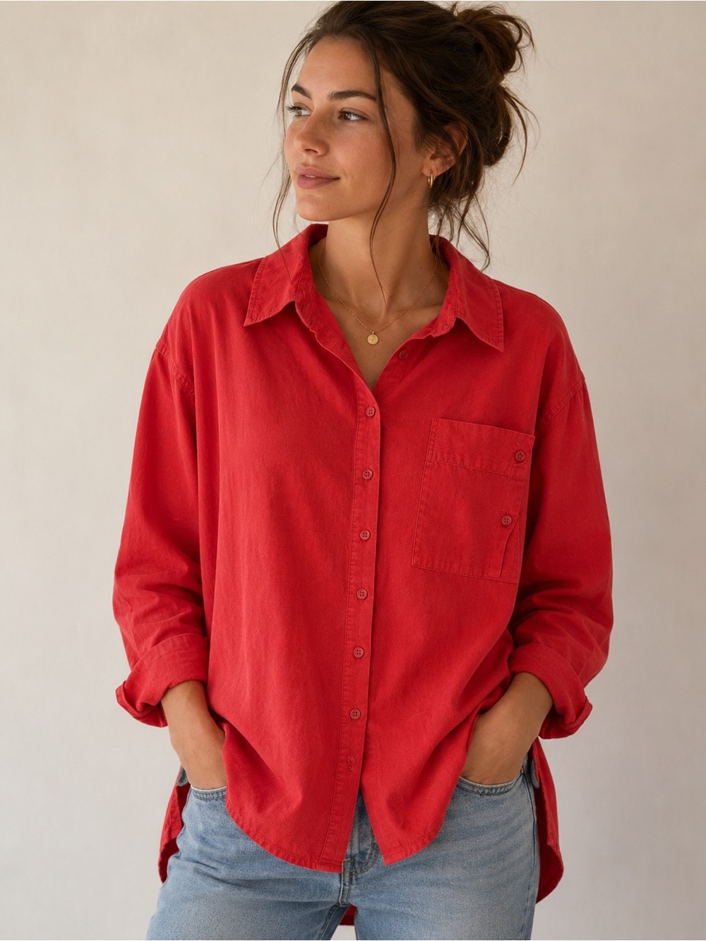 Free People We The Free Hallie French Cuff Shirt Red Size S Oversized